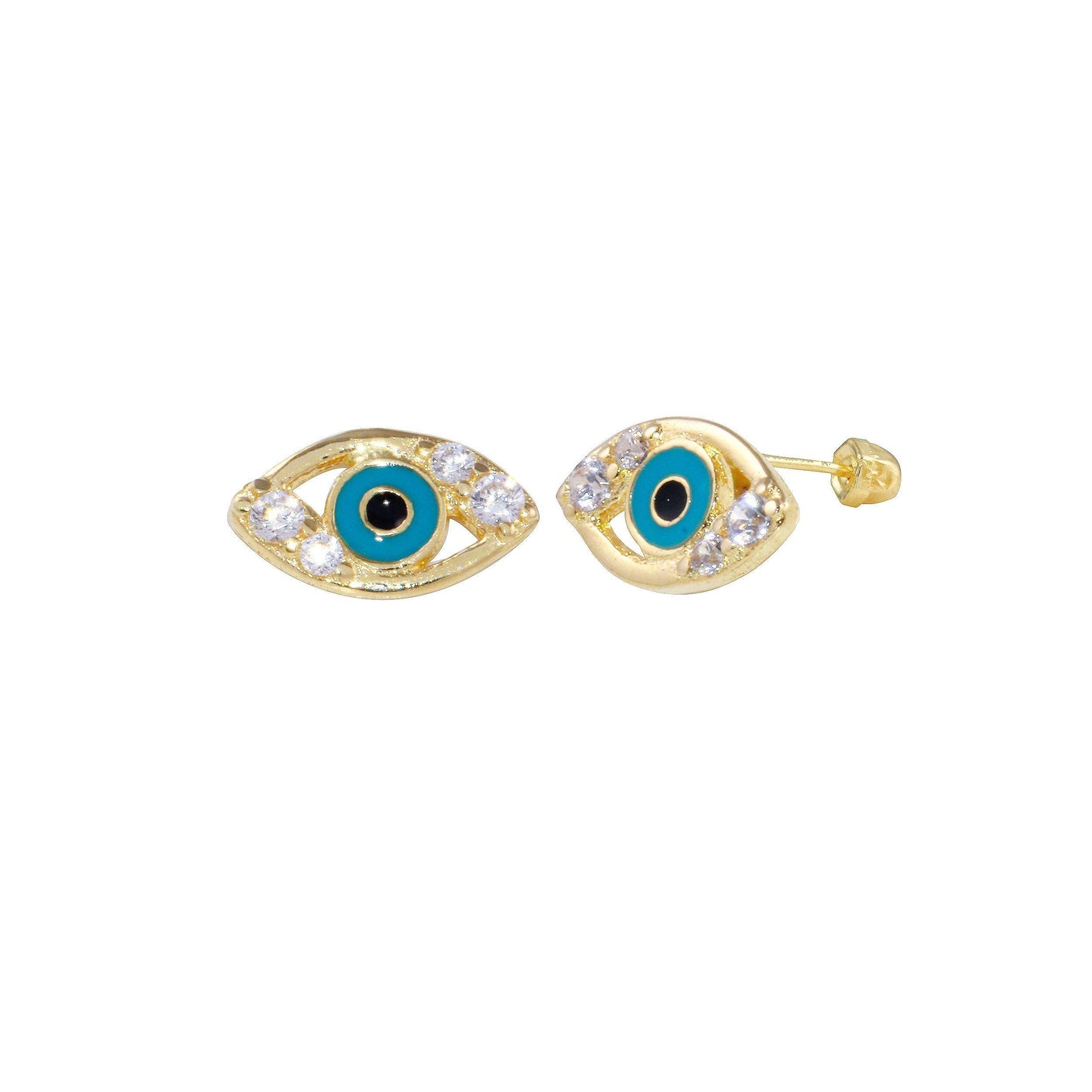 14 Karat Yellow Gold CZ Evil Eye Screw Back Earrings | Silver Palace Inc.