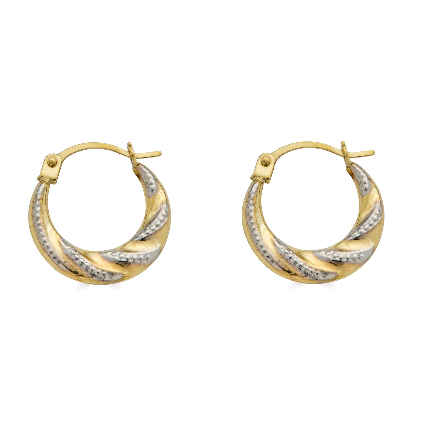 14 Karat Yellow Gold 2T Wave Design Latch Back Hoop Earrings | Silver Palace Inc.