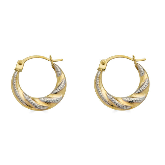 14 Karat Yellow Gold 2T Wave Design Latch Back Hoop Earrings | Silver Palace Inc.