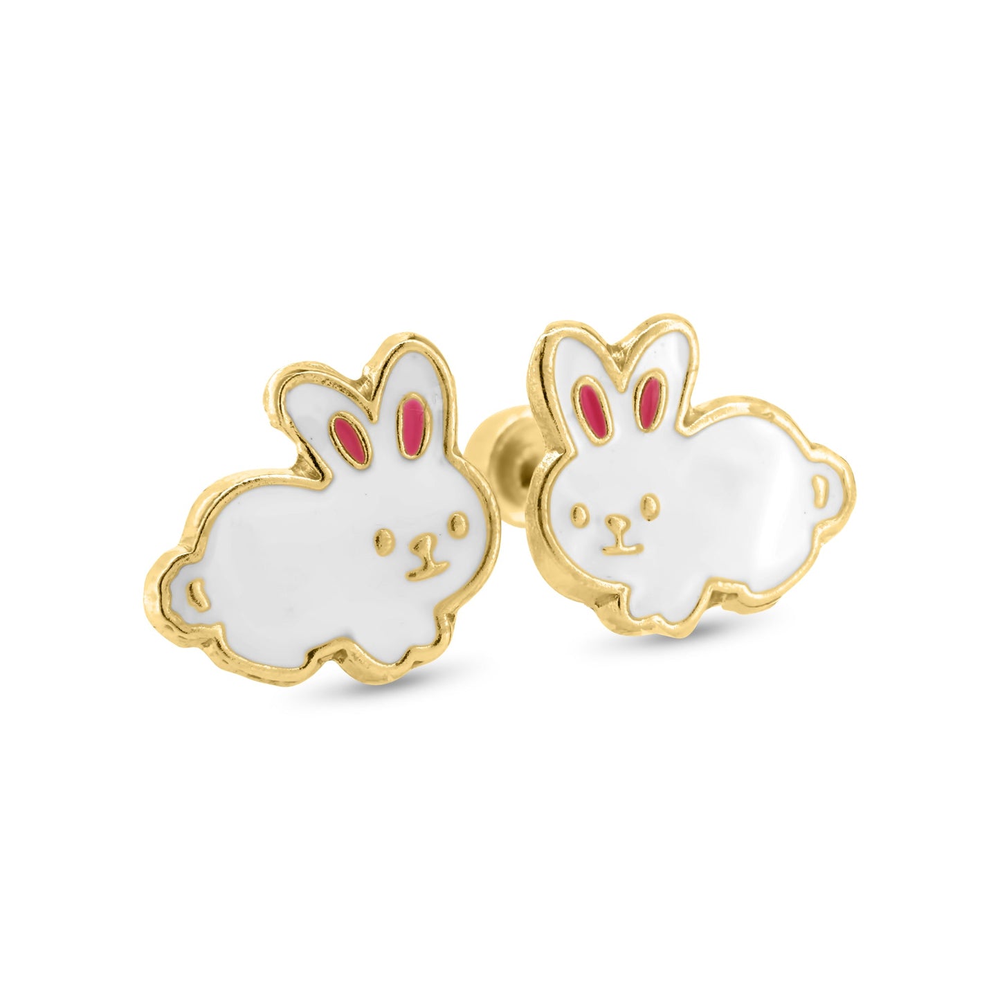 14E00391. - 14 Karat Yellow Gold White Rabbit Screw Back Earrings