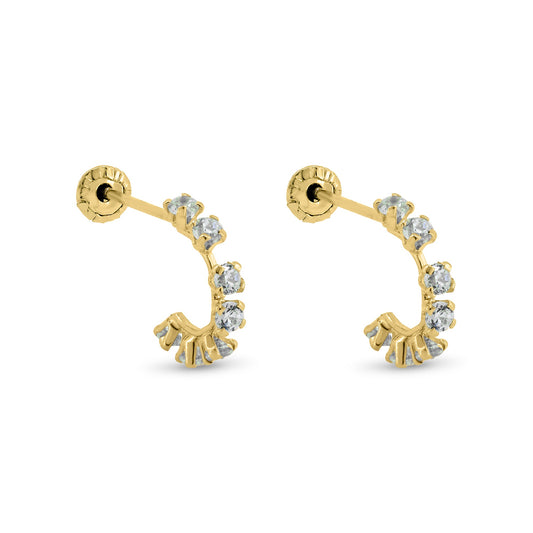 14E00399. - 14 Karat Yellow Gold Semi Hoop Clear CZ Screw Back Earrings