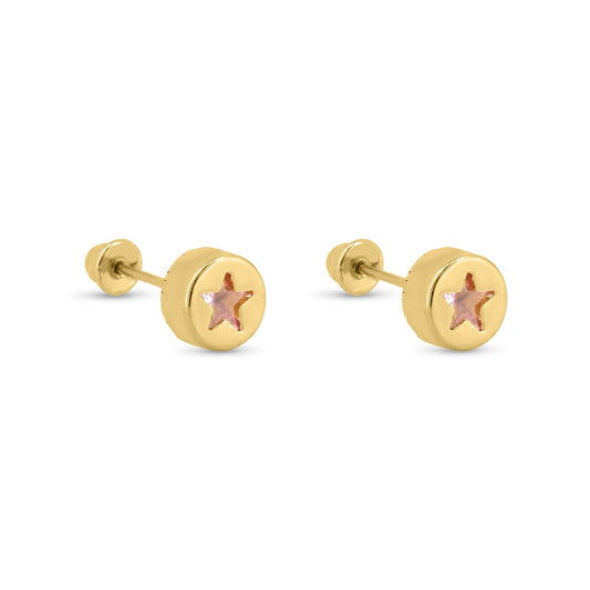 14E00405. - 14 Karat Yellow Gold Round Star Clear, Black, Red or Pink CZ Screw Back Earrings