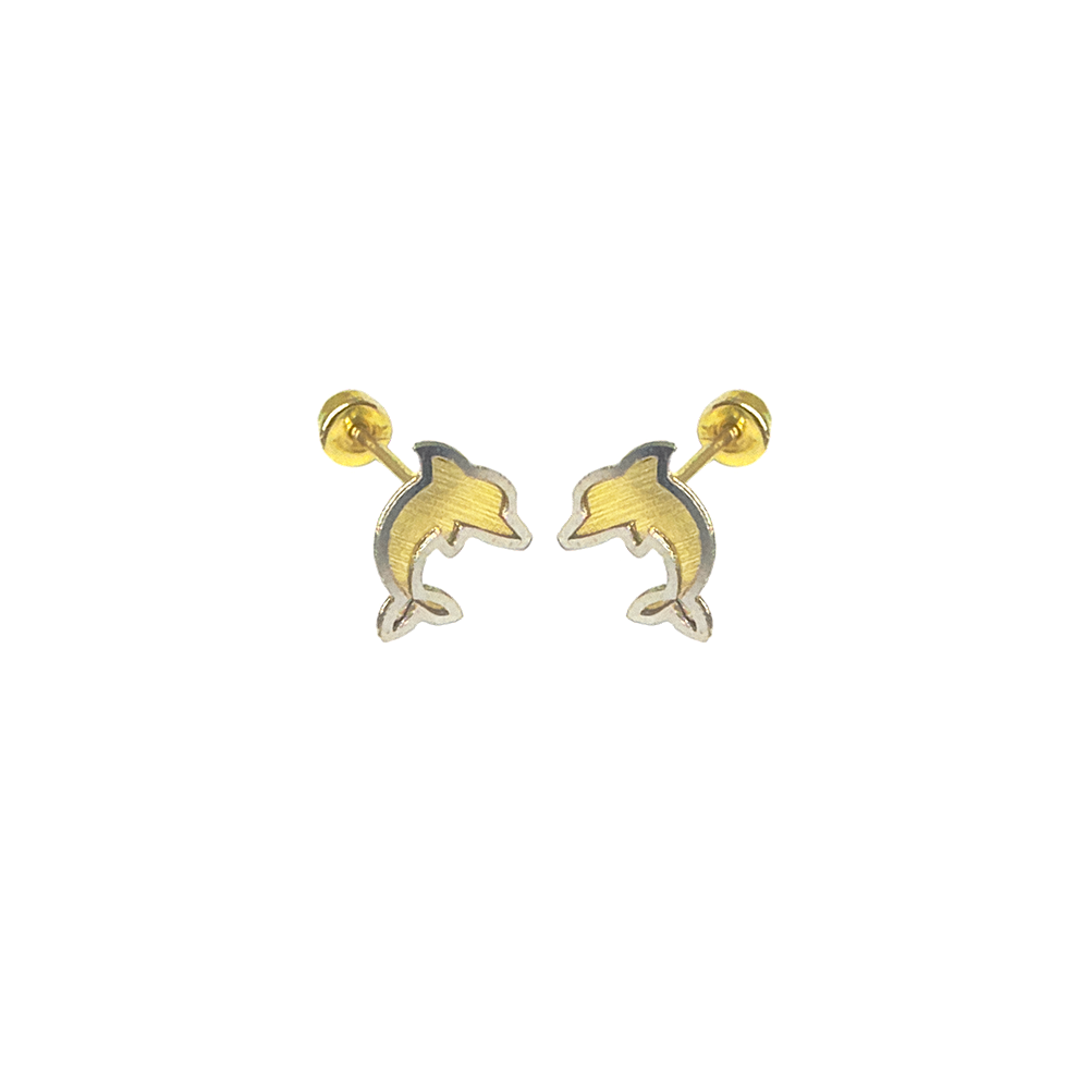 14E00408. - 14 Karat 2 Toned Dolphin Screw Back Earrings