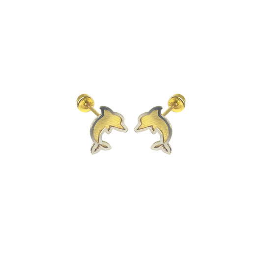 14E00408. - 14 Karat 2 Toned Dolphin Screw Back Earrings