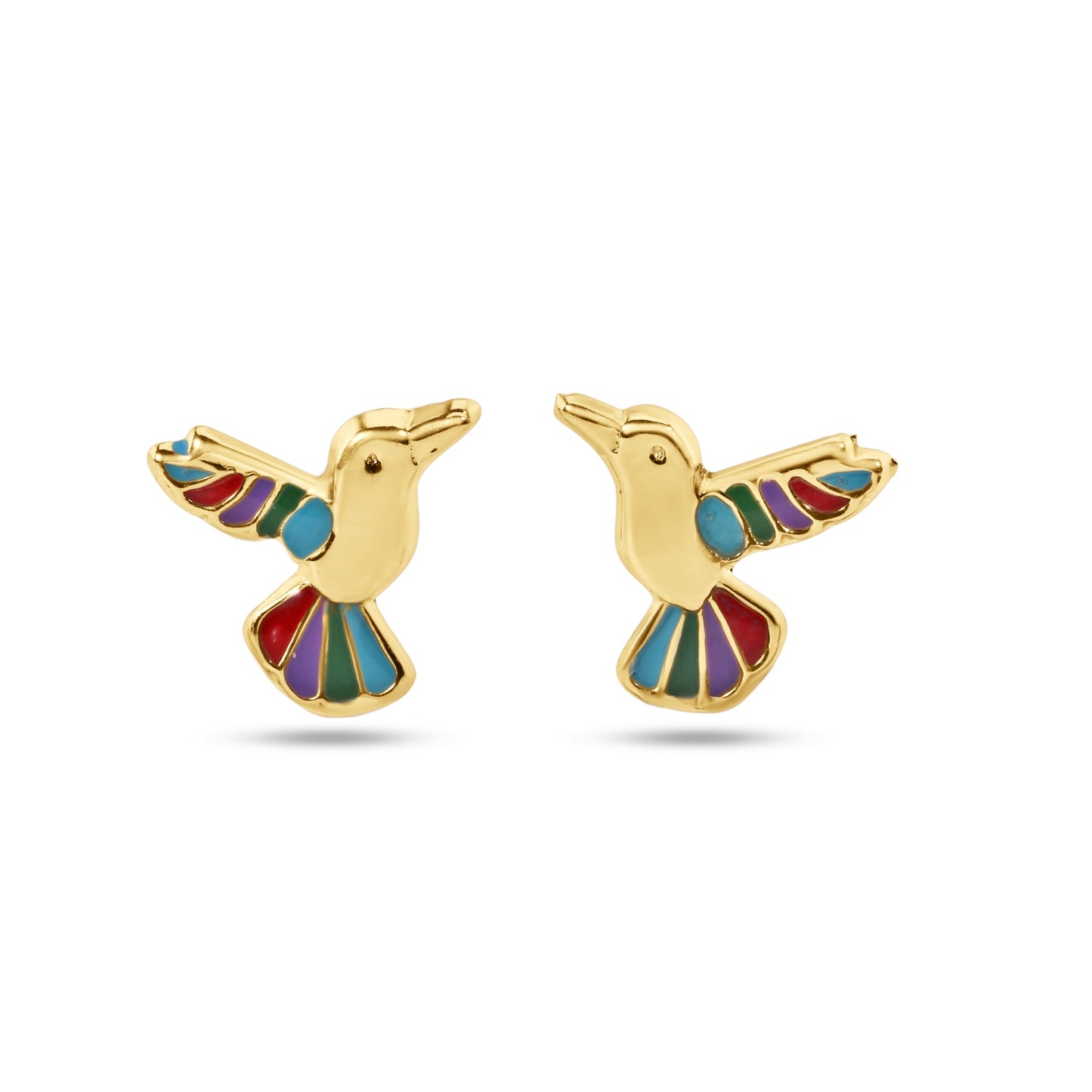 14E00412. - 14 Karat Yellow Gold Hummingbird Multi Color Screw Back Earrings