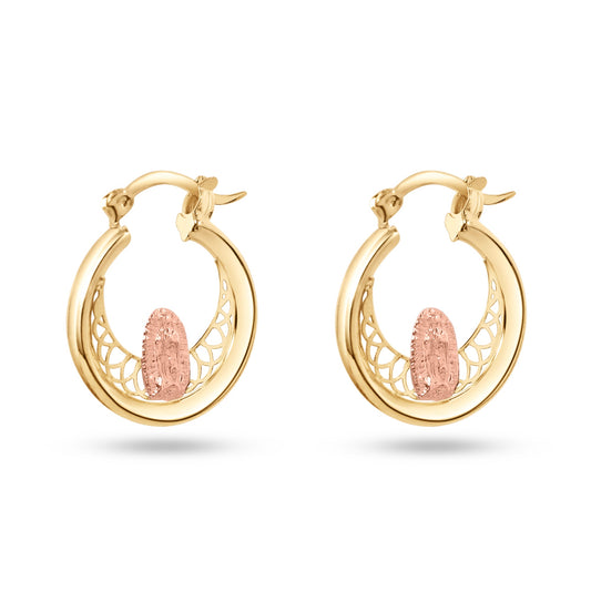 14E00417. - 14 Karat Yellow Gold 2 Tone 18mm Our Lady of Guadalupe Clear CZ Hoop Earrings