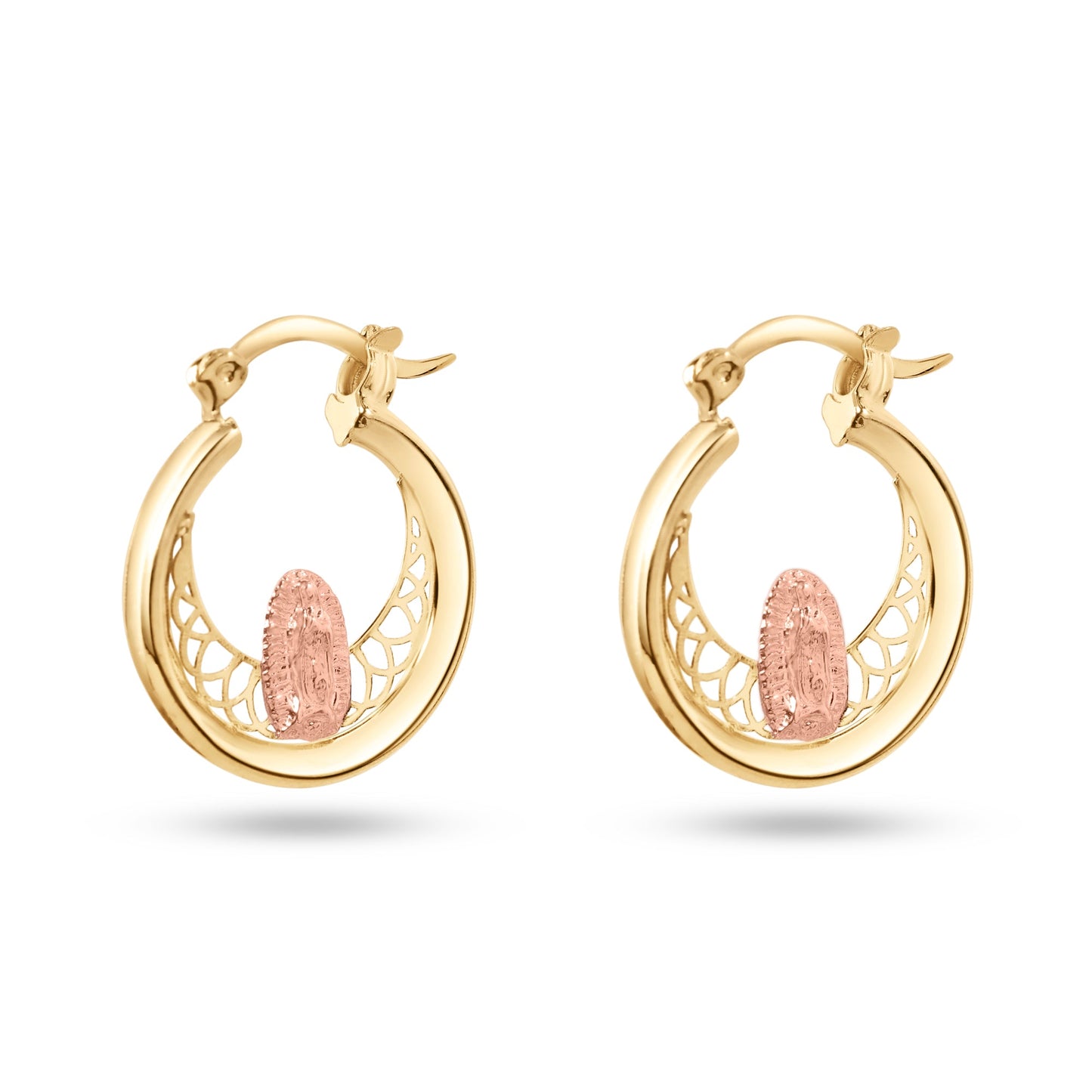 14E00417. - 14 Karat Yellow Gold 2 Tone 18mm Our Lady of Guadalupe Clear CZ Hoop Earrings