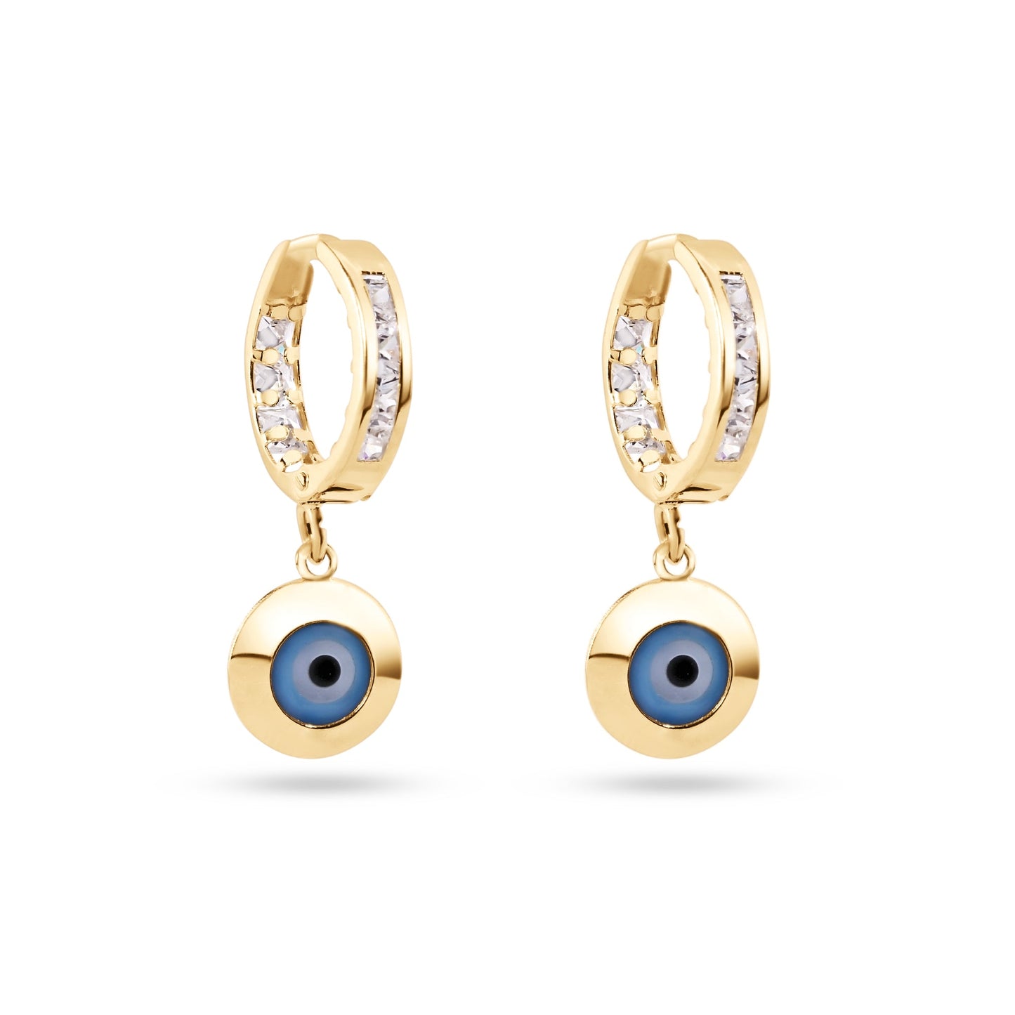 14E00418. - 14 Karat Yellow Gold Dangling Evil Eye Clear CZ 11.5mm Hoop Earrings