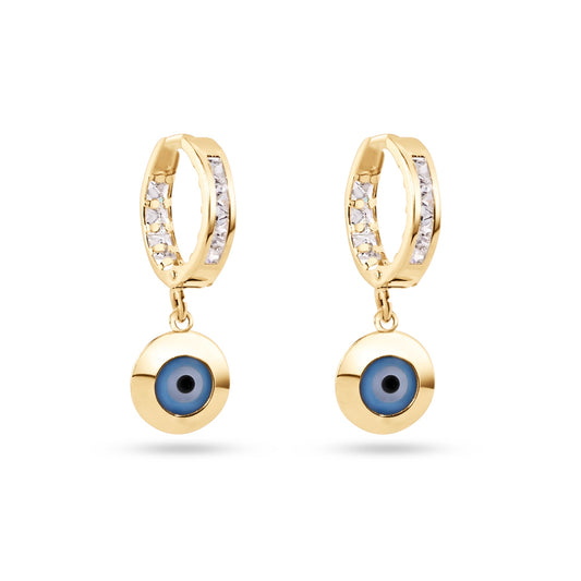 14E00418. - 14 Karat Yellow Gold Dangling Evil Eye Clear CZ 11.5mm Hoop Earrings