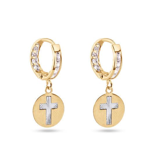 14E00419. - 14 Karat Yellow Gold Dangling Cross Clear CZ 12mm Hoop Earrings