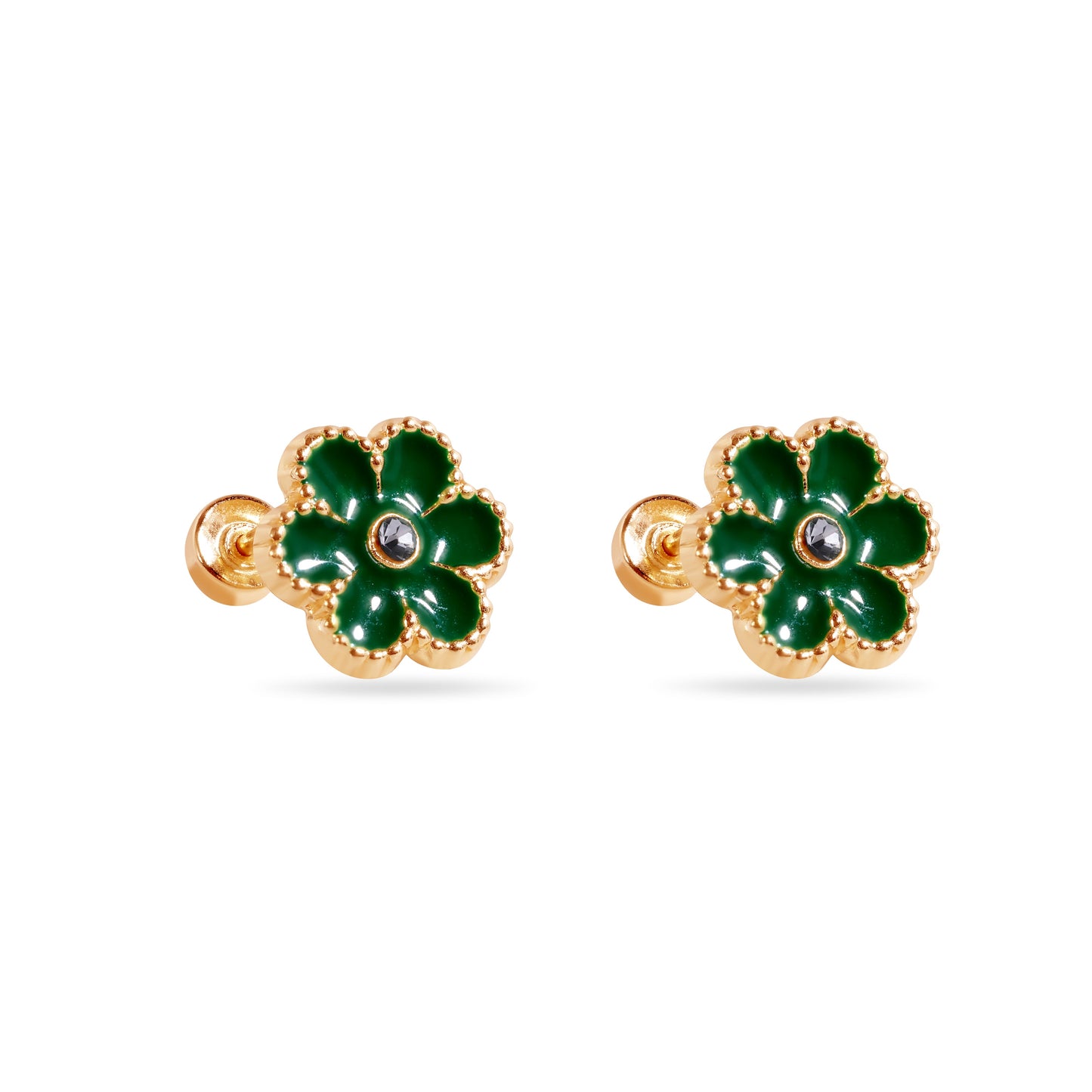 14E00447-GREEN - 14 Karat Green Flower Enamel 8.5mm Clear CZ Screw Back Earrings