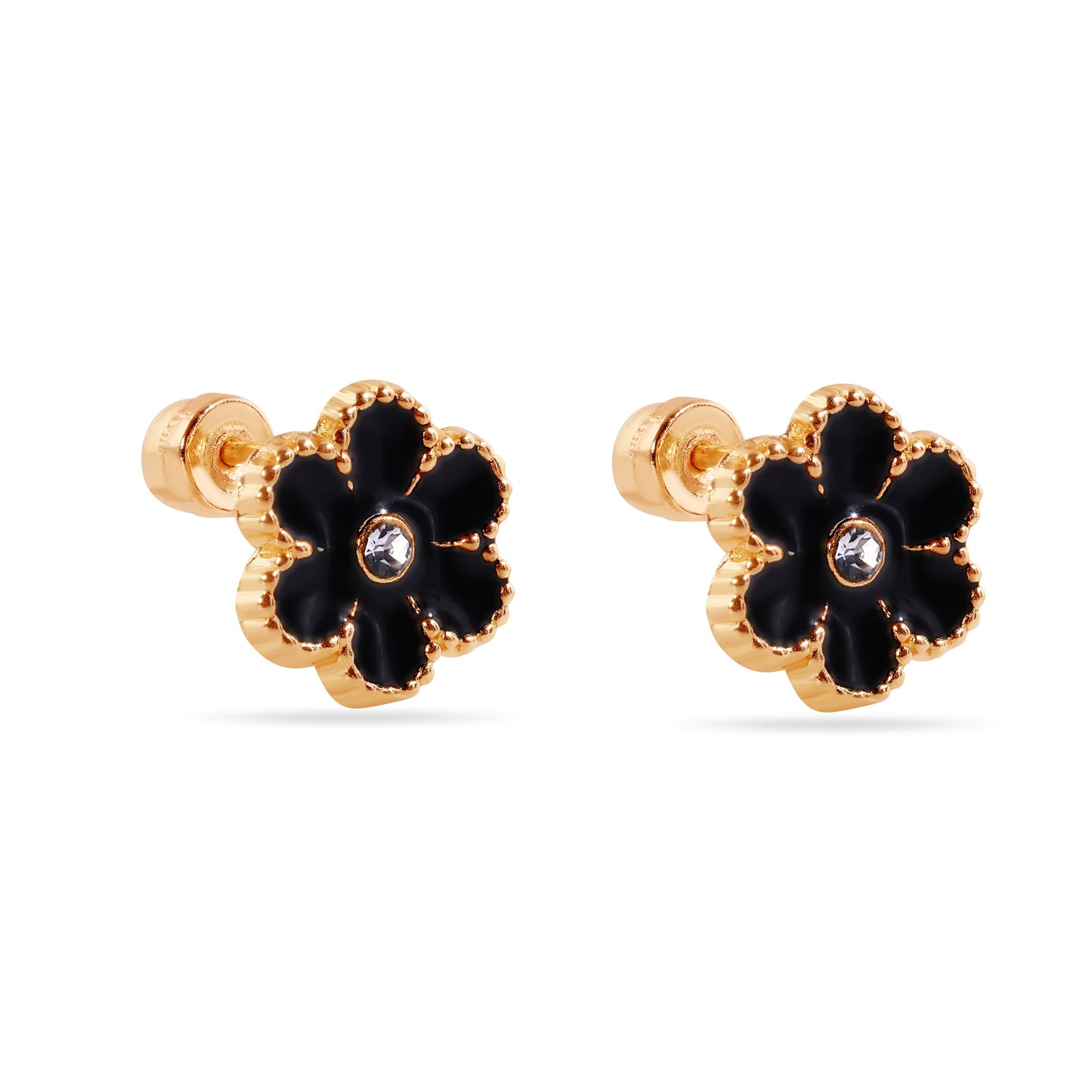 14E00447-BLACK - 14 Karat Black Flower Enamel 8.5mm Clear CZ Screw Back Earrings