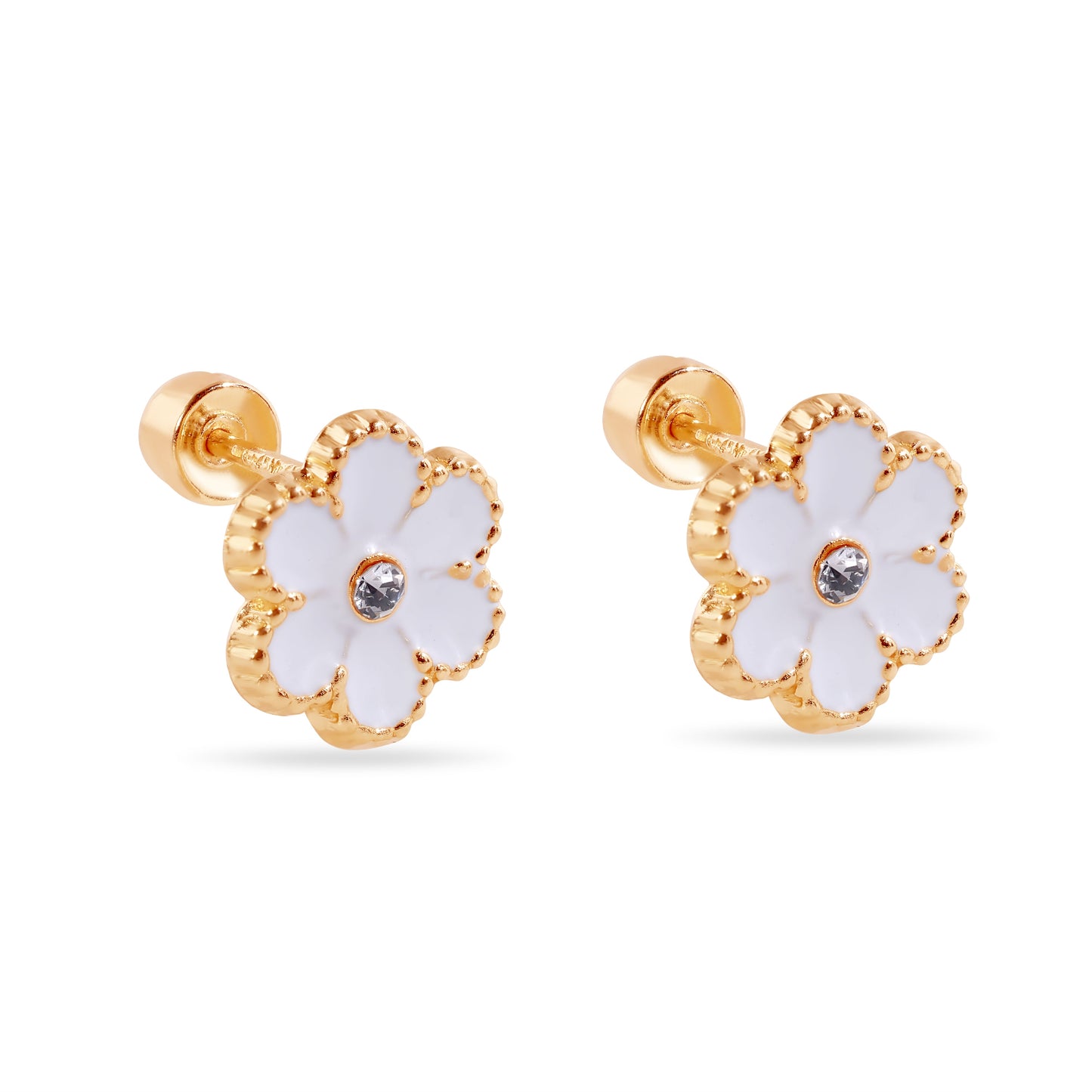 14E00447-WHITE - 14 Karat White Flower Enamel 8.5mm Clear CZ Screw Back Earrings