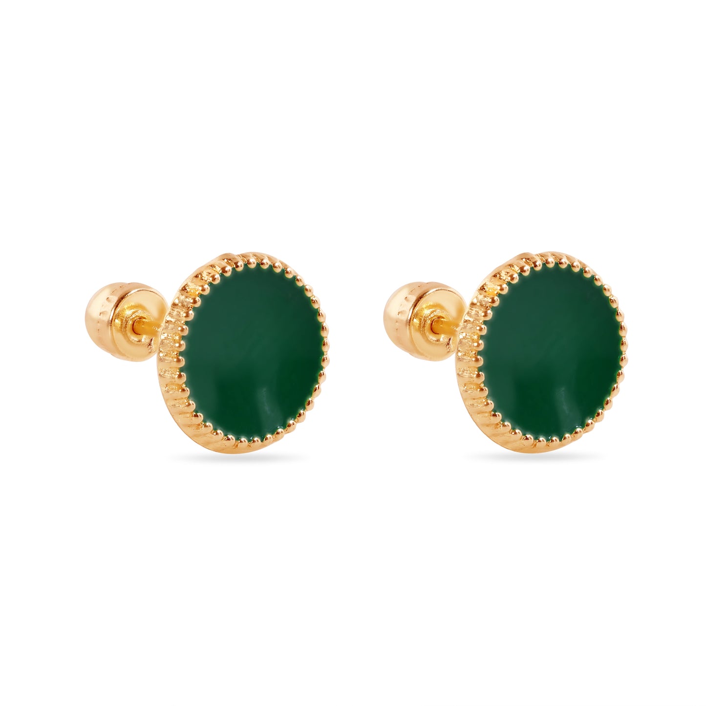 14E00448-GREEN - 14 Karat Green Circular Enamel 8.3mm Screw Back Earrings