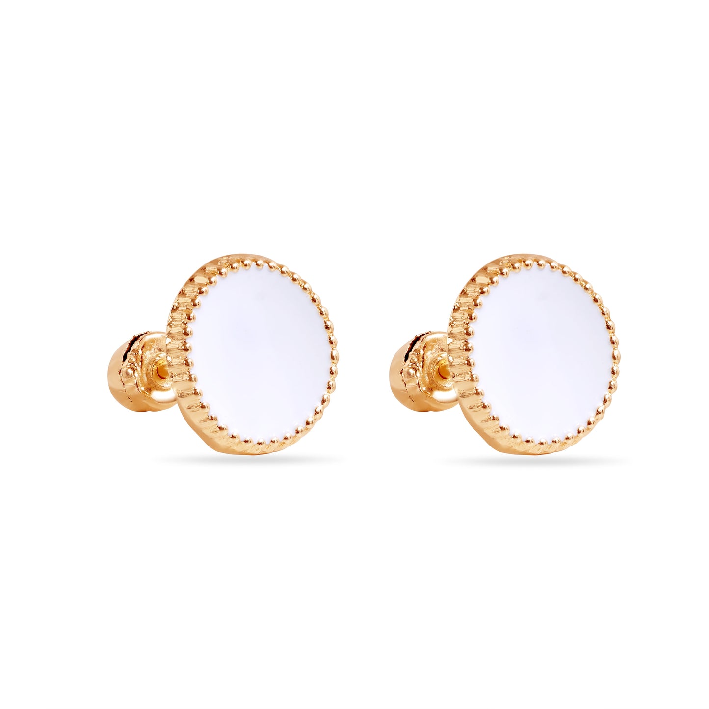 14E00448-WHITE - 14 Karat White Circular Enamel 8.3mm Screw Back Earrings