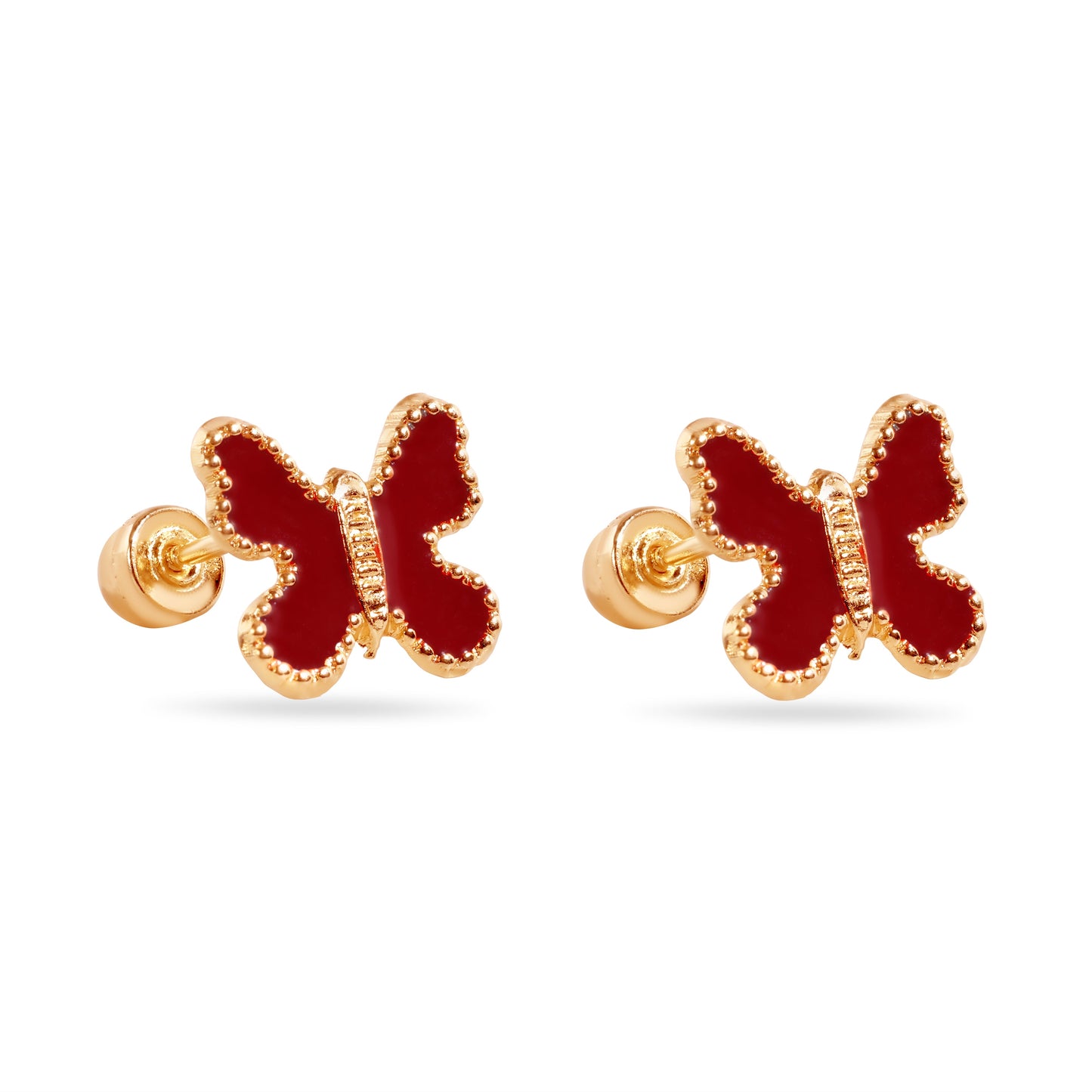 14E00449-RED - 14 Karat Red Butterfly Enamel 8mm Screw Back Earrings