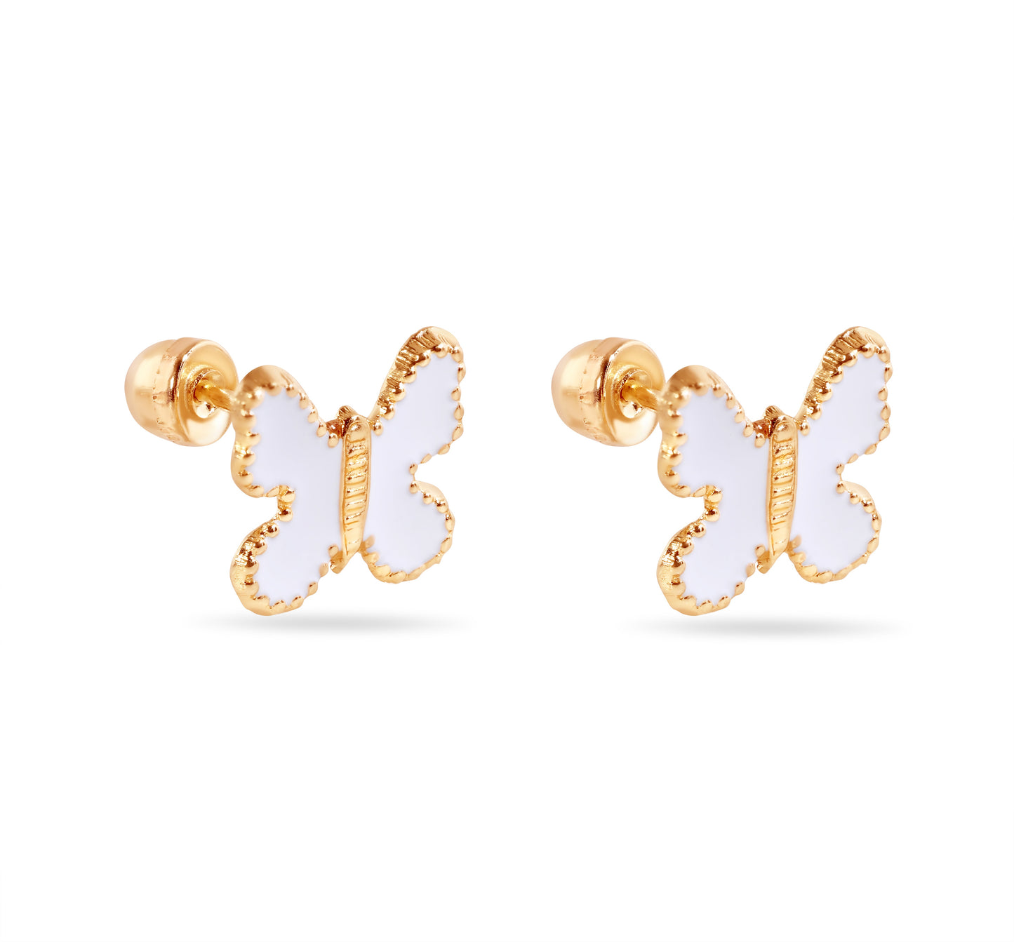 14E00449-WHITE - 14 Karat White Butterfly Enamel 8mm Screw Back Earrings