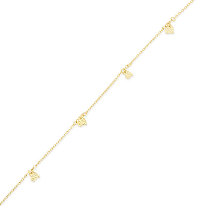 14KB0003. - 14 Karat Yellow Gold Diamond Cut Heart Charms 4mm Adjustable Bracelet