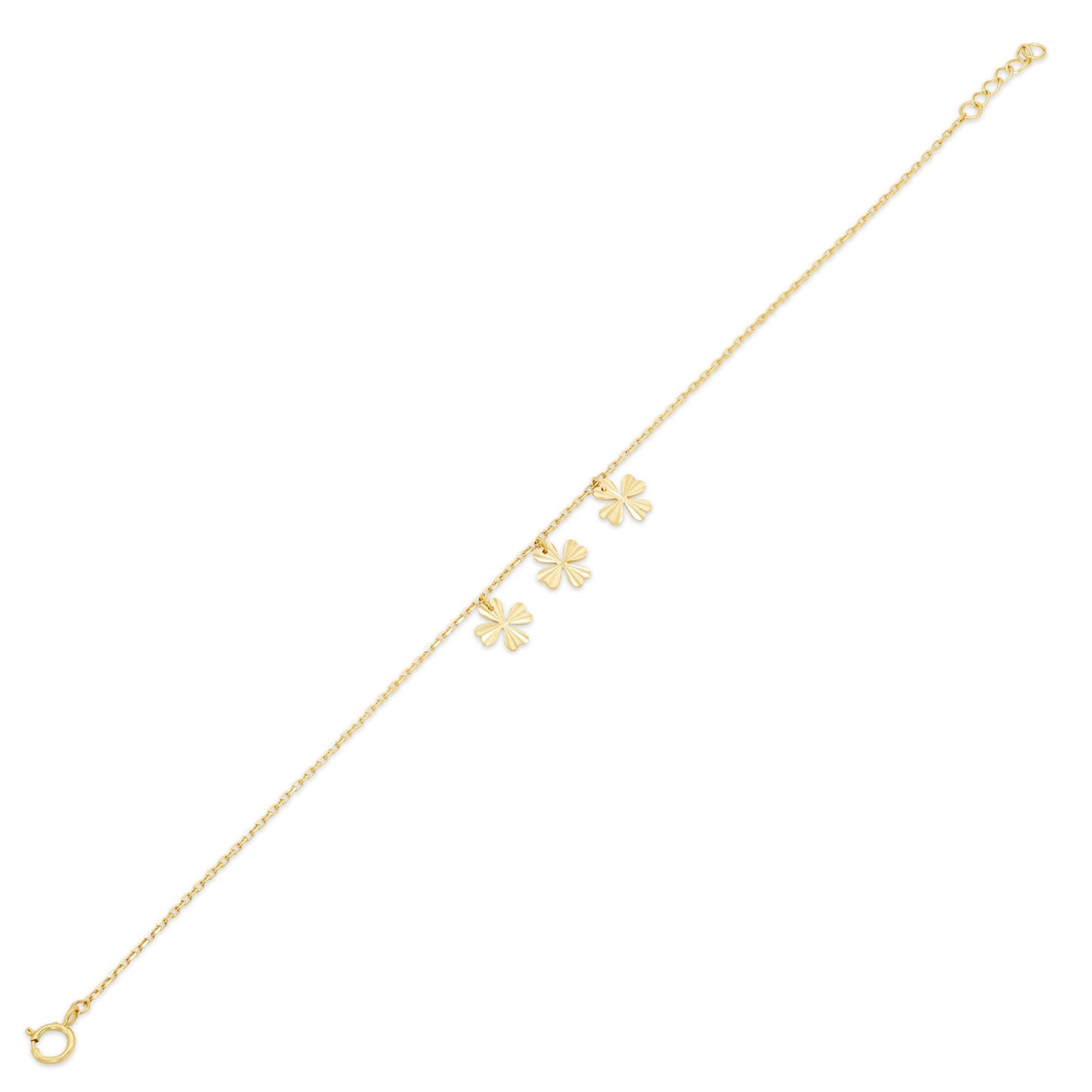 14KB0005. - 14 Karat Yellow Gold Diamond Cut Four Leaf Clover Charms Adjustable Bracelet