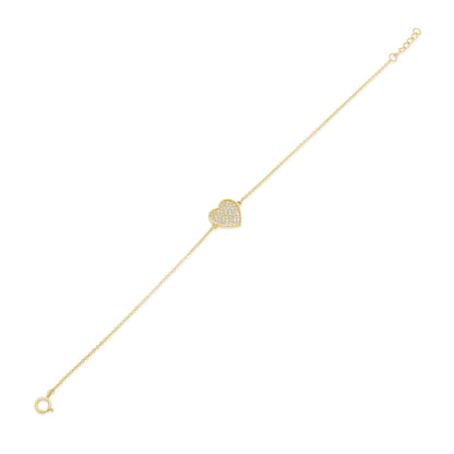 14KB0011. - 14 Karat Yellow Gold Diamond Cut Heart Studded CZ Charm Adjustable Bracelet