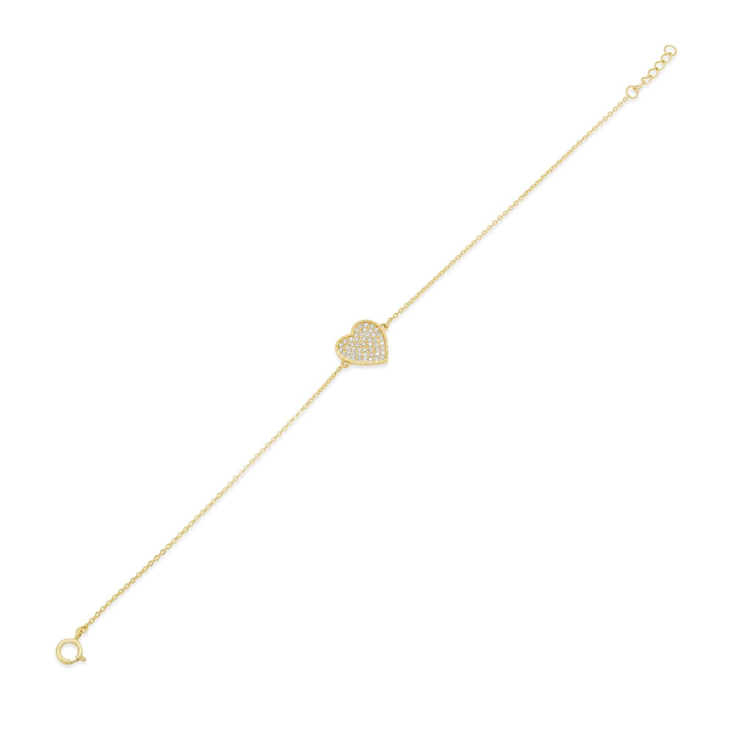 14KB0011. - 14 Karat Yellow Gold Diamond Cut Heart Studded CZ Charm Adjustable Bracelet