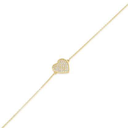 14KB0011. - 14 Karat Yellow Gold Diamond Cut Heart Studded CZ Charm Adjustable Bracelet