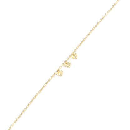 14KB0012. - 14 Karat Yellow Gold Three Diamond Cut Heart Charm Adjustable Bracelet