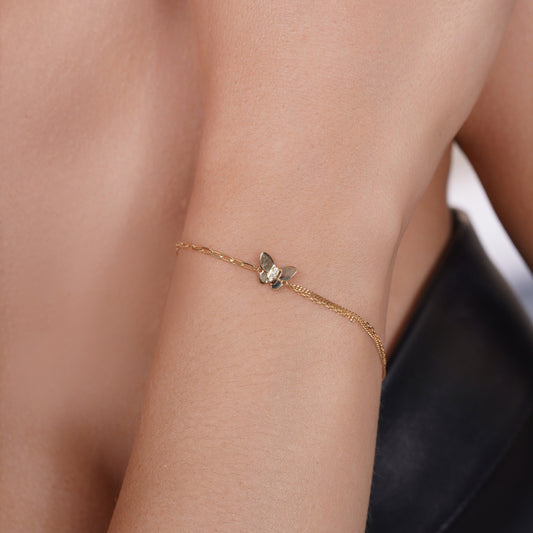 14KB0014. - 14 Karat Yellow Gold Butterfly Charm Double Strand Paperclip Adjustable Bracelet