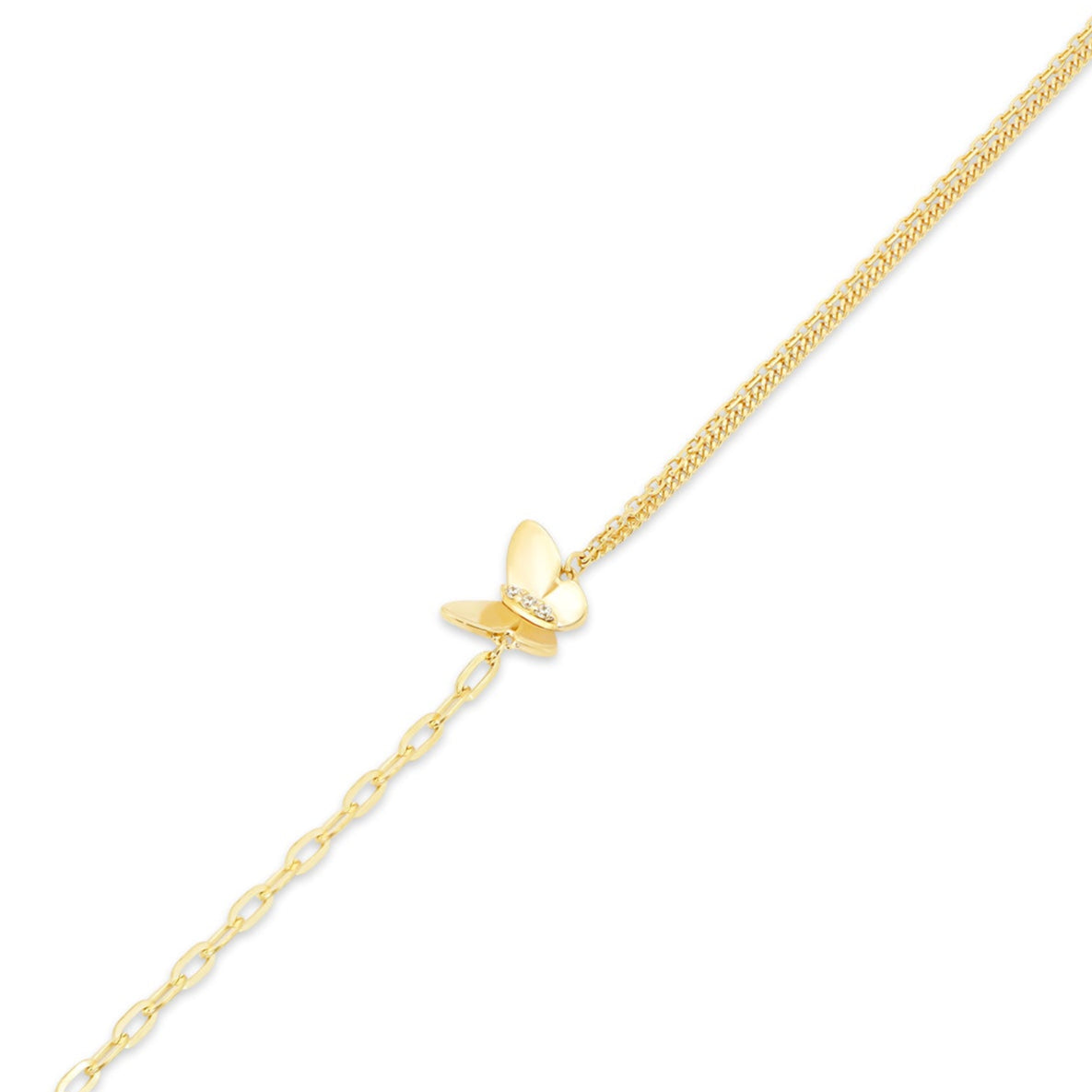 14KB0014. - 14 Karat Yellow Gold Butterfly Charm Double Strand Paperclip Adjustable Bracelet