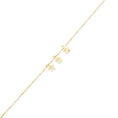 14KB0015. - 14 Karat Yellow Gold Three Flowers Charm Adjustable Bracelet
