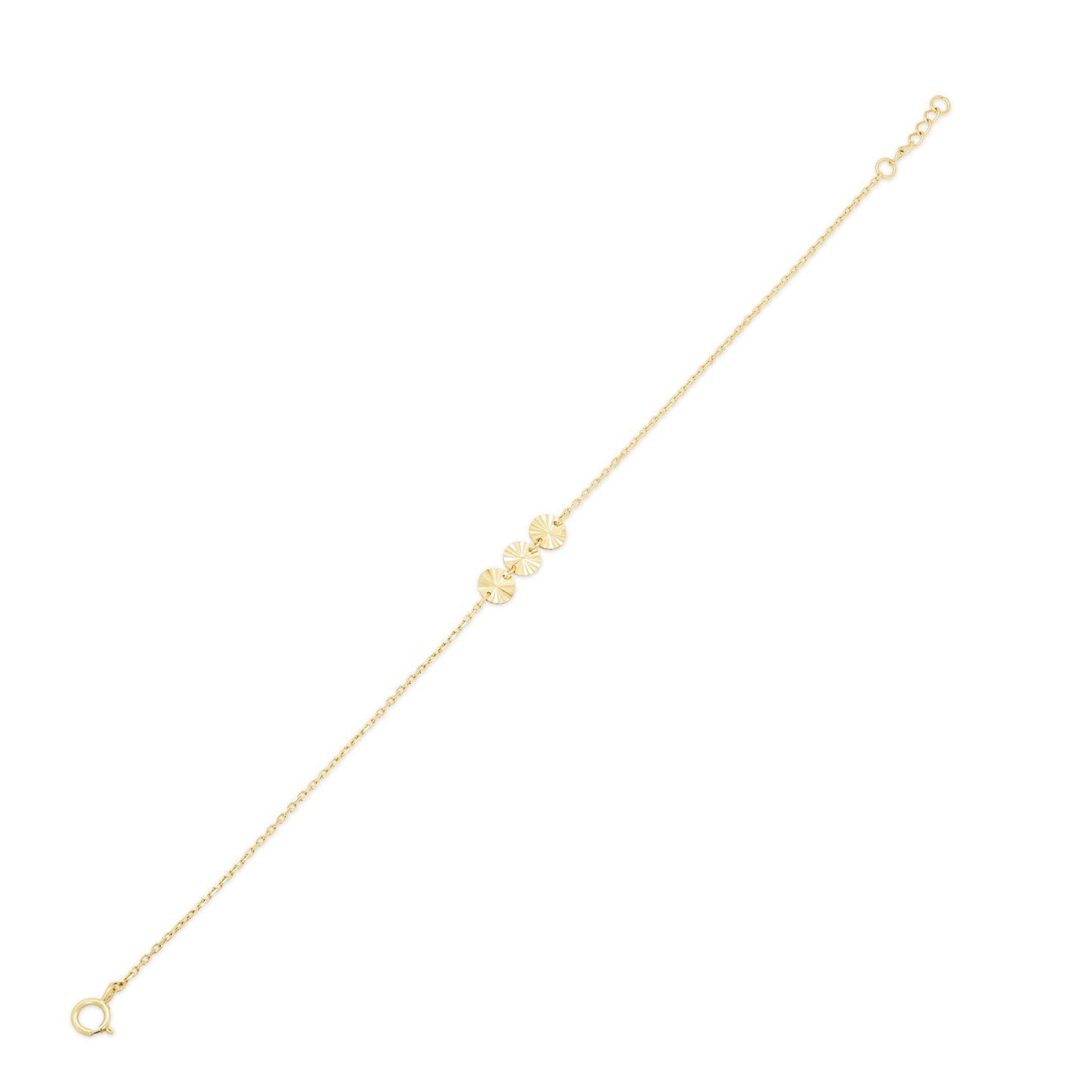 14KB0016. - 14 Karat Yellow Gold Three Diamond Cut Round Charm Adjustable Bracelet