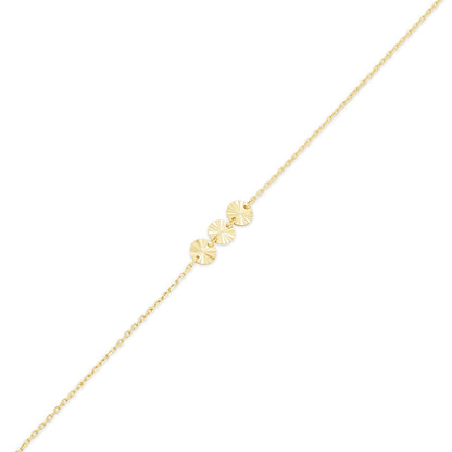 14KB0016. - 14 Karat Yellow Gold Three Diamond Cut Round Charm Adjustable Bracelet