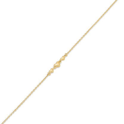 14KB0018. - 14 Karat Yellow Gold Three Hearts Charm Adjustable Bracelet