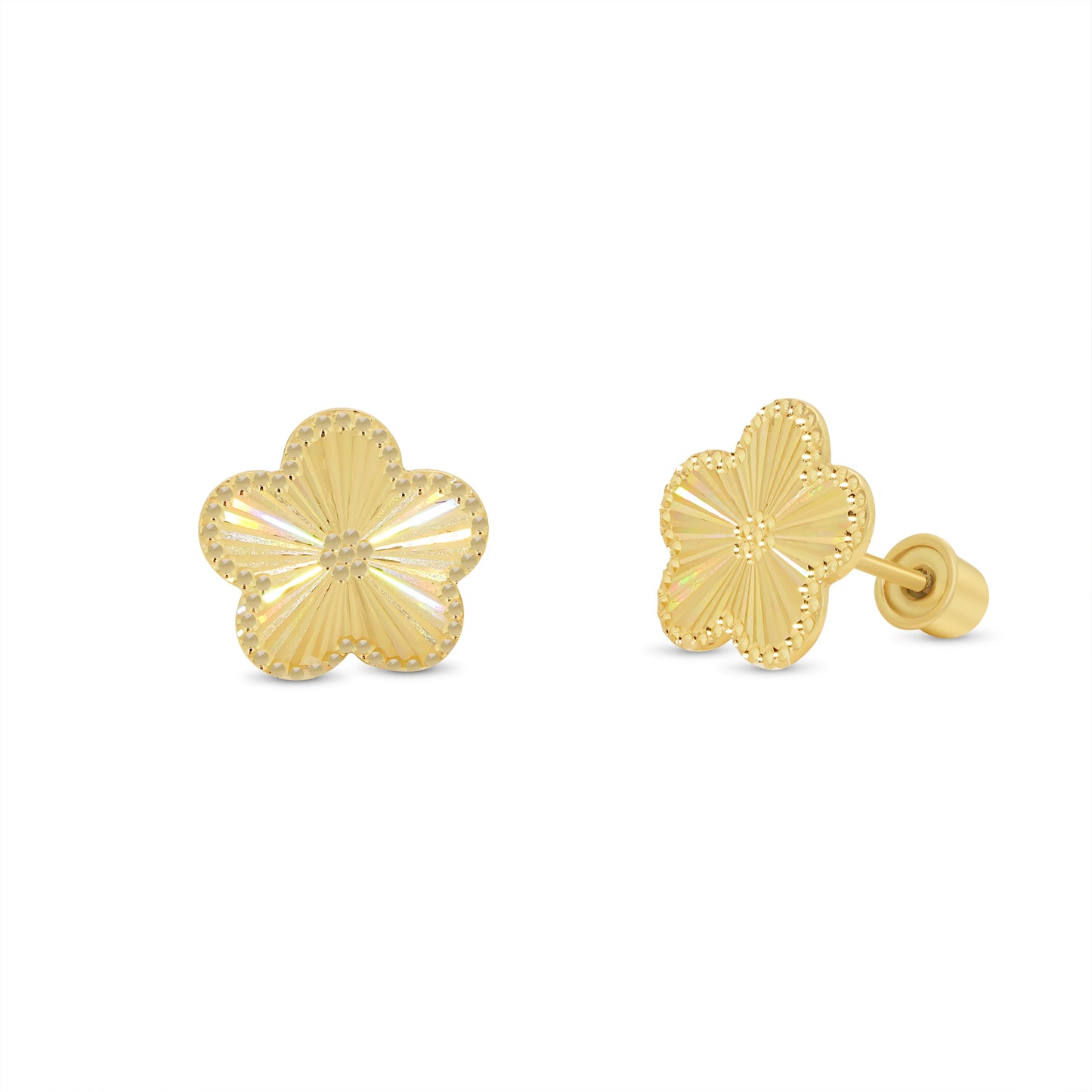 14KE0004. - 14 Karat Yellow Gold Diamond Cut Iridescent Flower Earrings