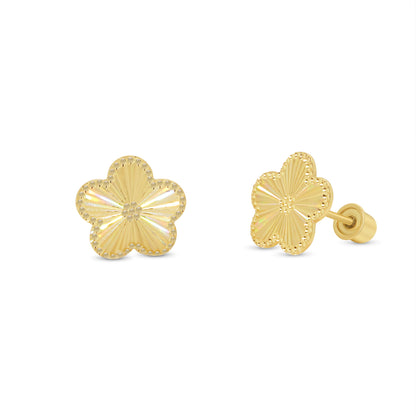 14KE0004. - 14 Karat Yellow Gold Diamond Cut Iridescent Flower Earrings