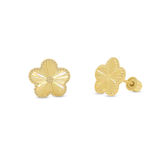 14KE0004. - 14 Karat Yellow Gold Diamond Cut Iridescent Flower Earrings