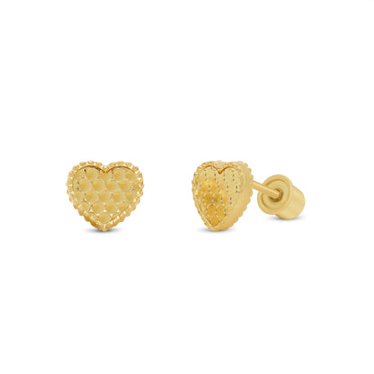 14KE0005. - 14 Karat Yellow Gold Beaded & Honeycomb Heart Earrings