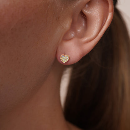 14KE0011. - 14 Karat Yellow Gold Beaded & Iridescent Diamond Cut Heart Earrings