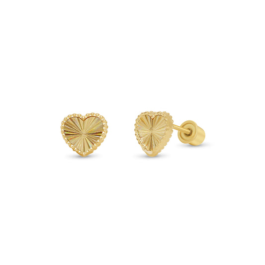 14KE0011. - 14 Karat Yellow Gold Beaded & Iridescent Diamond Cut Heart Earrings