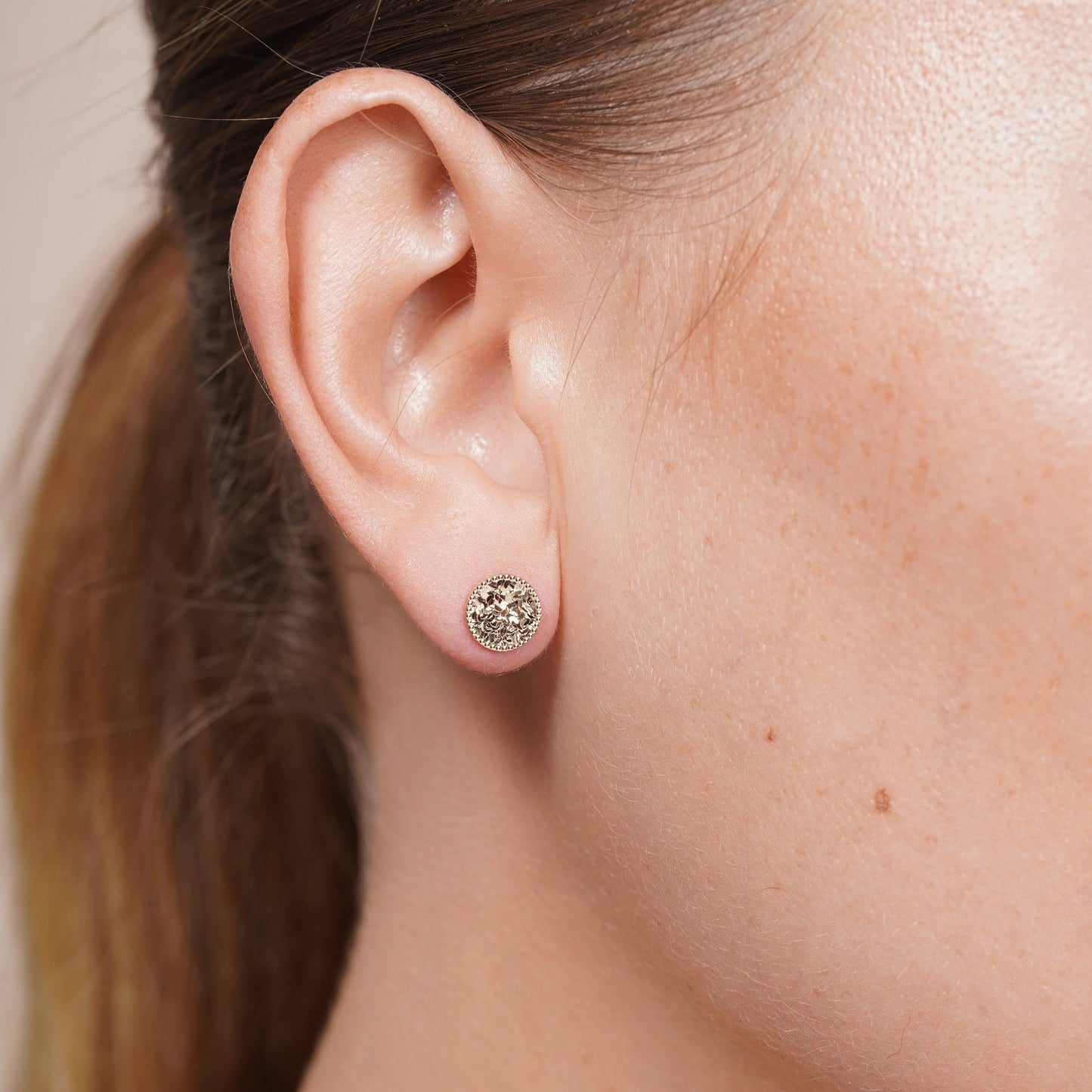 14KE0015. - 14 Karat Yellow Gold Beaded & Confetti Diamond Cut Disc Earrings