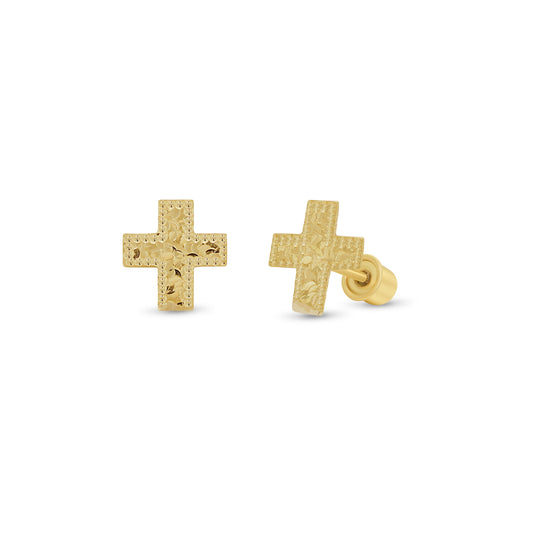 14KE0022. - 14 Karat Yellow Gold Beaded &  Diamond Cut Confetti Cross Earrings