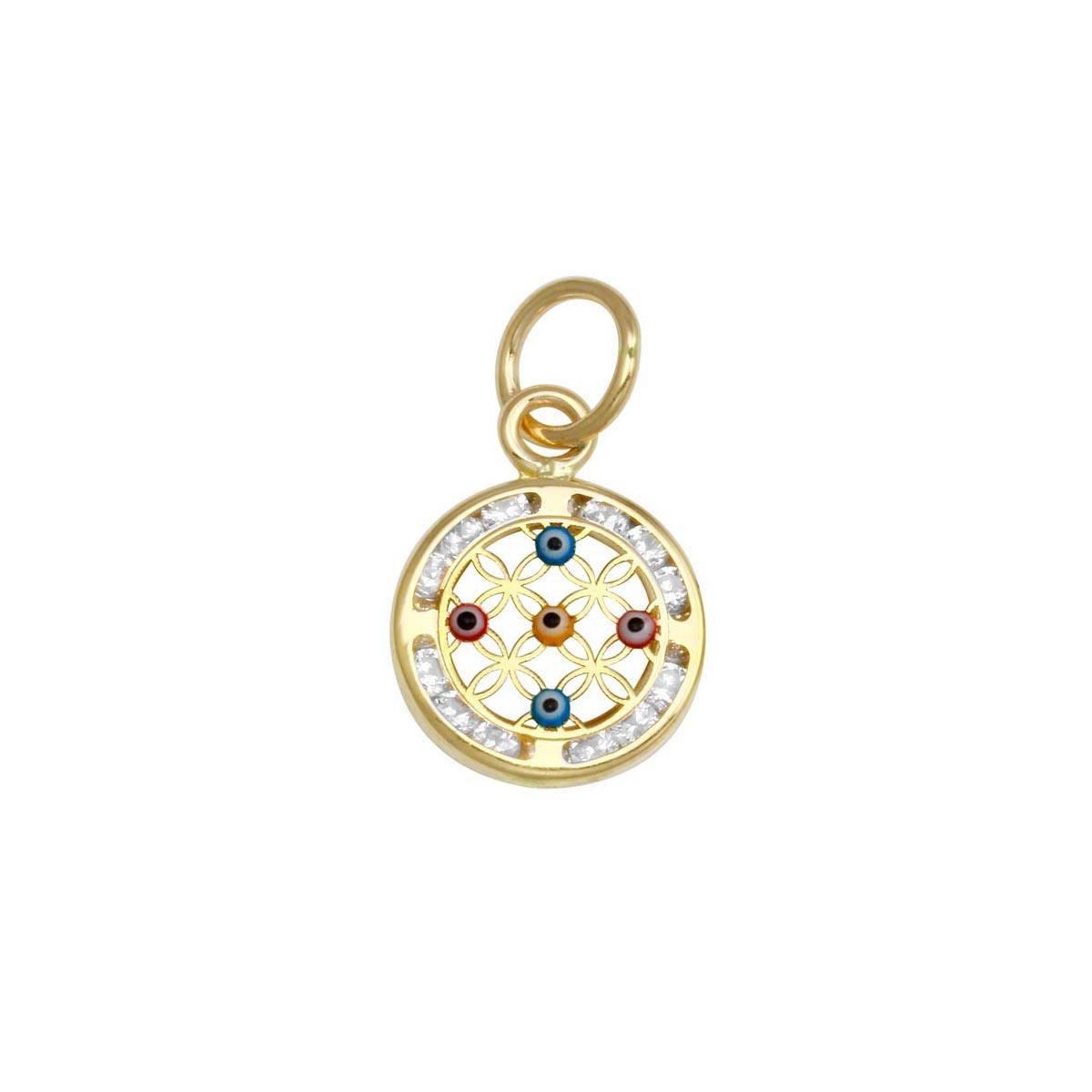 14 Karat Yellow Gold CZ Disc  5 Evil Eyes Pendant | Silver Palace Inc.