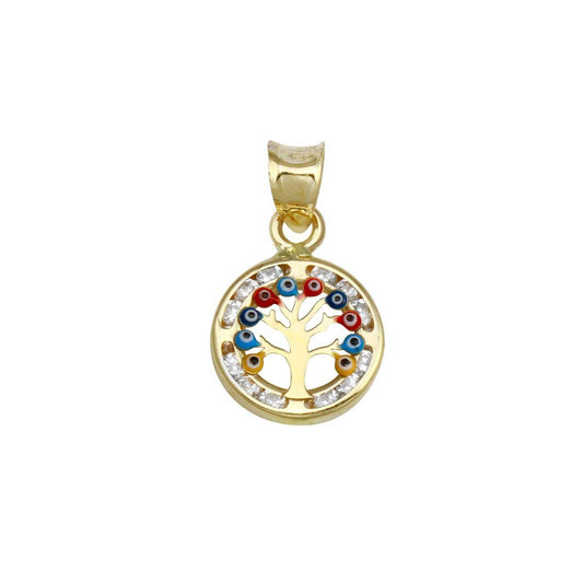 14 Karat Yellow Gold CZ Disc Evil Eyes Tree Pendant | Silver Palace Inc.