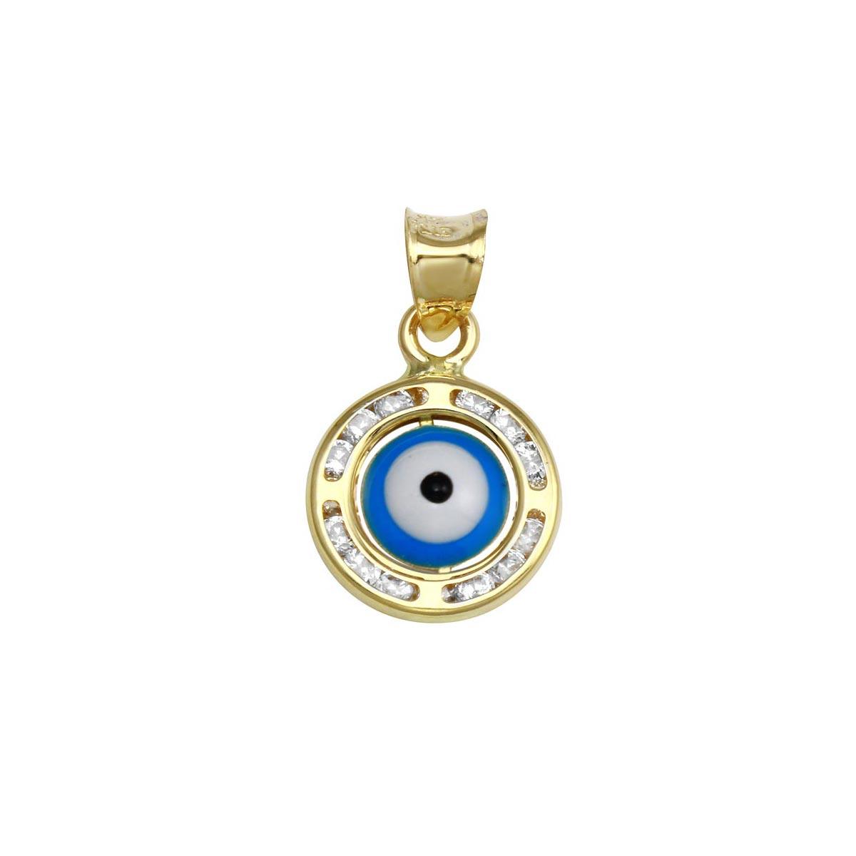 14 Karat Yellow Gold CZ Disc Evil Eyes Pendant | Silver Palace Inc.