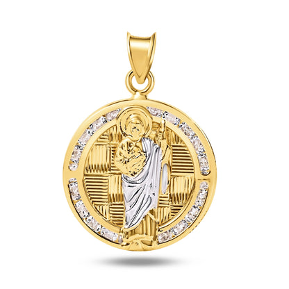 14P00050 - 14 Karat Yellow Gold St Jude Clear CZ Diamond Cut Round Pendant