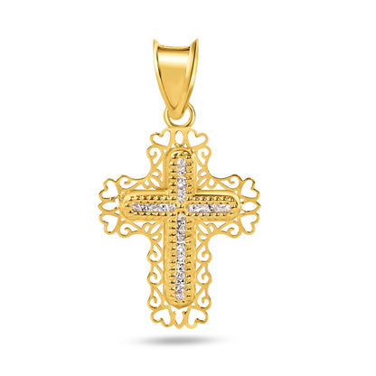 14P00064 - 14 Karat Yellow Gold Beaded Cross Heart Cutout Clear CZ Pendant