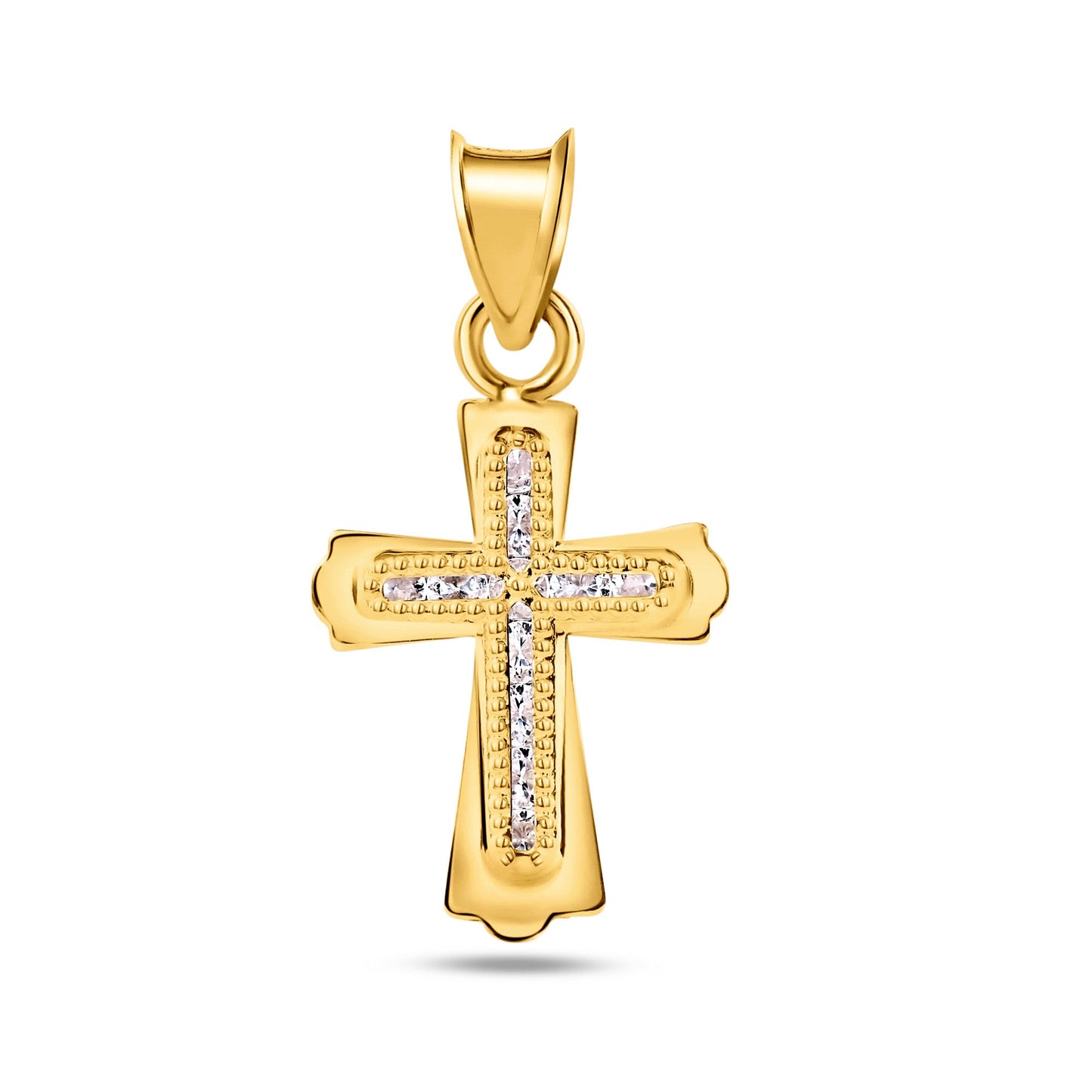 14P00066 - 14 Karat Yellow Gold Beaded Bordered Cross Clear CZ Pendant