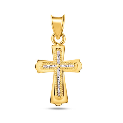 14P00066 - 14 Karat Yellow Gold Beaded Bordered Cross Clear CZ Pendant