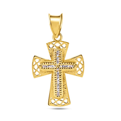 14P00068 - 14 Karat Yellow Gold Beaded Cross Clear CZ Pendant