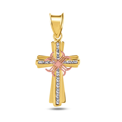 14P00071 - 14 Karat Yellow Gold Cross Two Tone Clear CZ Pendant